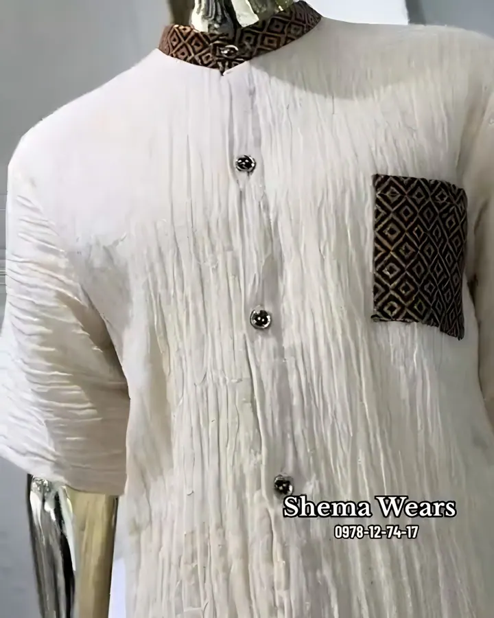 Men’s white shema shirt with tibeb collar and pocket
