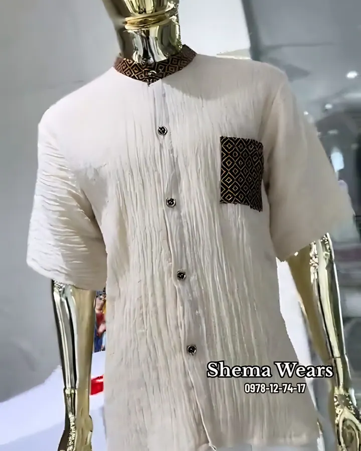 Men’s textured white shema shirt with a tibeb collar and chest pocket